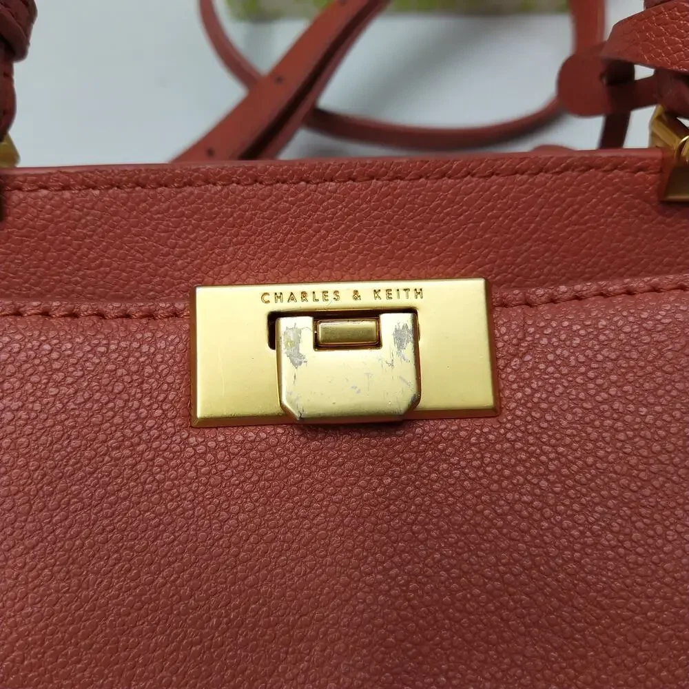 CHARLES & KEITH Orange Leather Pushlock Top Handle Satchel Crossbody Bag